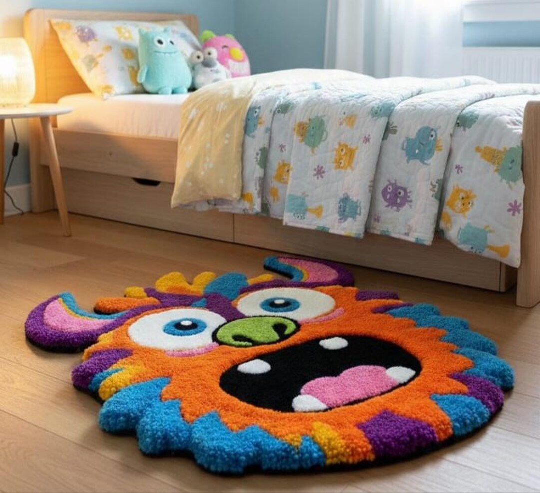 Monster Ink Rug Colorful Monster Kids Rug | Hand Tufted Wool | Fun Cartoon Shape Floor ...
