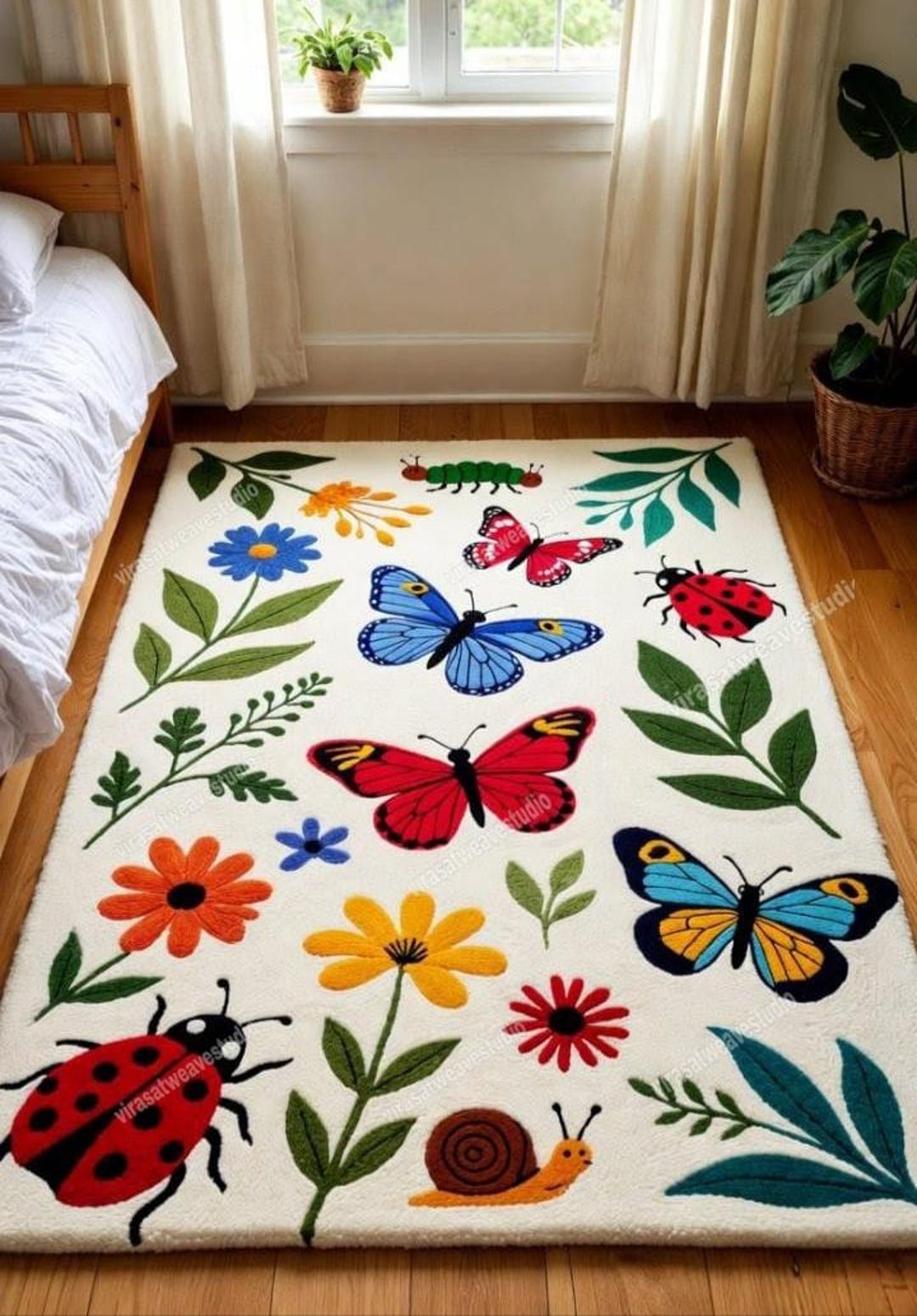 Kids Insect Garden Rug | Green Handmade Wool Tufted | Colorful ...