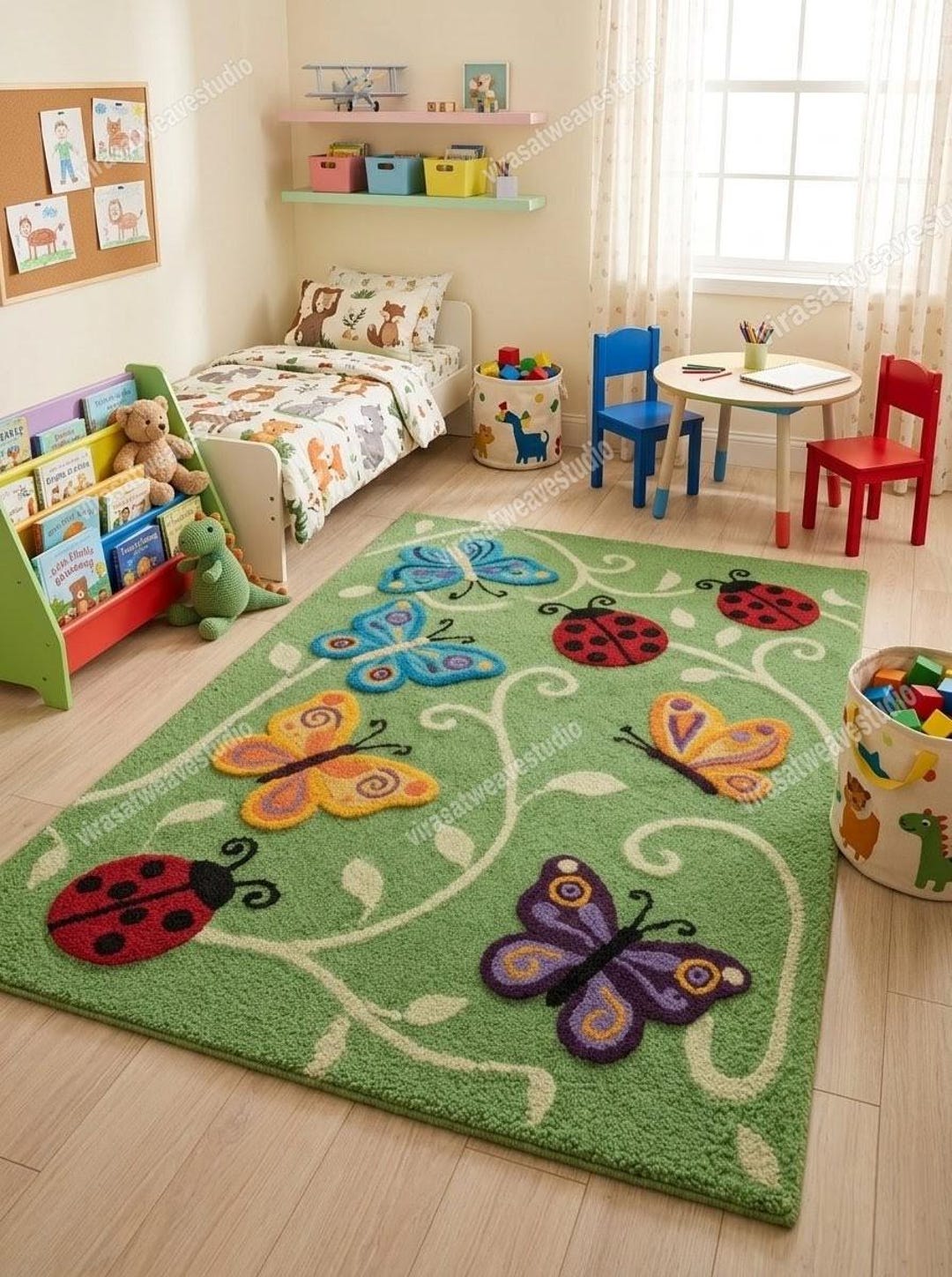 Kids Insect Garden Rug | Green Handmade Wool Tufted | Colorful ...