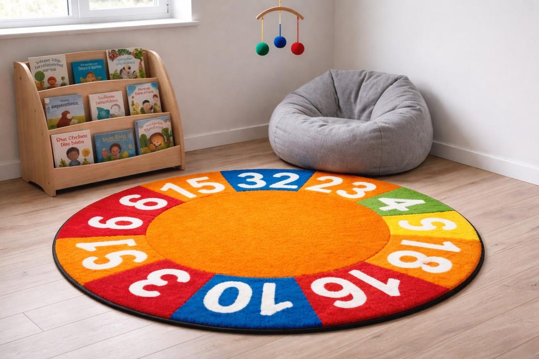 Numbered Classroom Rug Kids Educational Number Rug | Hand Tufted Wool | Round Classroom ...