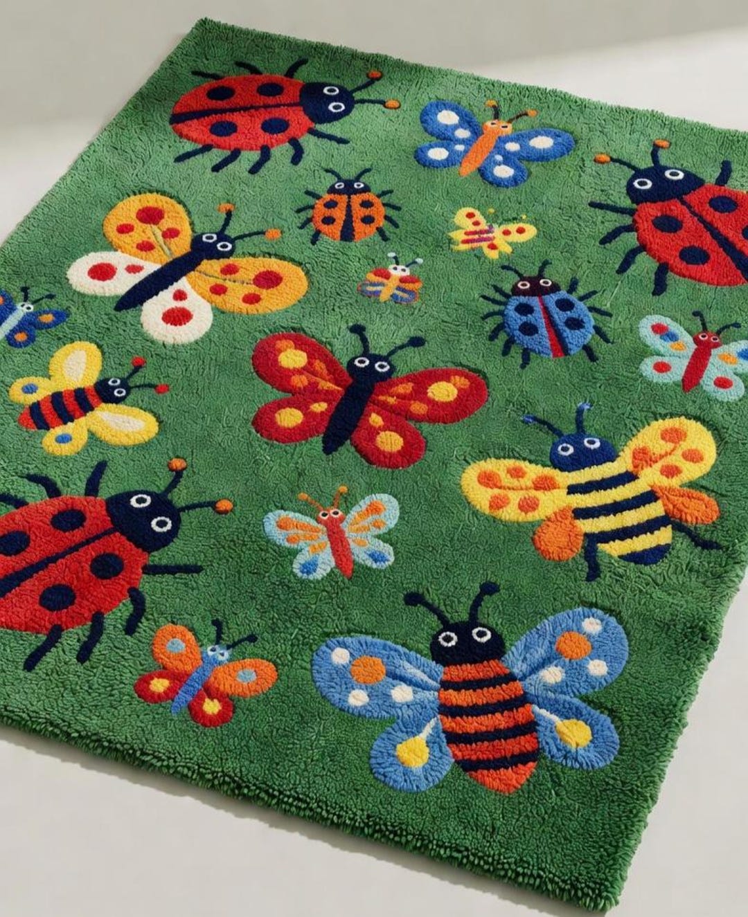 Kids Insect Garden Rug | Green Handmade Wool Tufted | Colorful ...