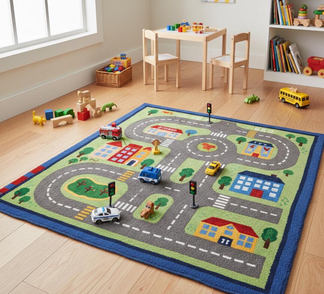City Child Map Rug Interactive City Road Map Kids Rug | Vibrant Green & Blue | Hand-tufted ...