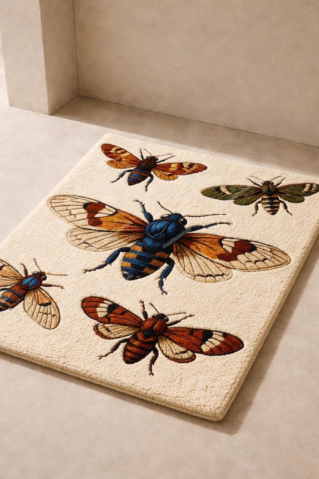 Vintage Botanical Insect Rug | 3D Carved Bee & Cicada Motif | Hand ...