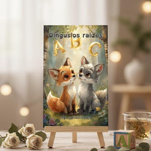 May include: A children's book titled "Dingusios raidės" on a small wooden easel. The cover features illustrations of a fox and a wolf cub, with golden balloon letters spelling "ABC". The author's name, Inga Jakubovskaja, is also visible.