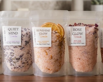 Natural Bath Salts 10oz | Essential Oils, Dried Petals & Herbs | Aromatherapy Bath Soak