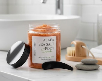 Handcrafted Hawaiian Red Alaea Sea Salt Foot Scrub | Natural Exfoliating Foot Treatment | Custom Scent | 6oz Glass Jar with Scoop