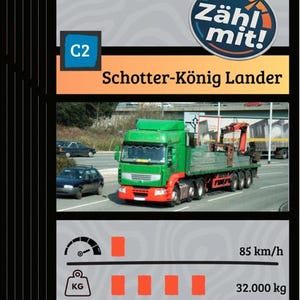 Może przedstawiać: Stos kart kolekcjonerskich przedstawiających zielono-czerwoną ciężarówkę na drodze. Karta zawiera tekst "Zähl mit!" i "Schotter-König Lander". Karta wyświetla również dane dotyczące prędkości, wagi i mocy.