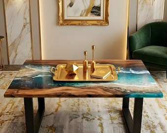Mesa de centro de resina epoxi con diseño oceánico, mesa de resina de madera con borde natural, mesa artesanal con diseño de olas de playa y río, muebles modernos para sala de estar, mesa de centro de lujo.
