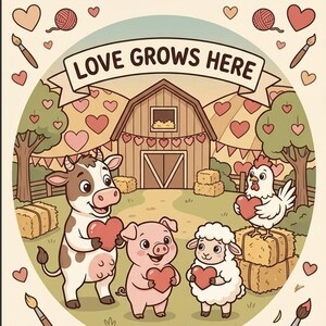 May include: A whimsical illustration with the text "HEARTS, HOOVES & MILD PANIC: A FARMYARD ADVENTURE" and "LOVE GROWS HERE". It features a cow, pig, sheep, and chicken holding hearts in front of a barn. Decorative hearts and paintbrushes surround the scene.