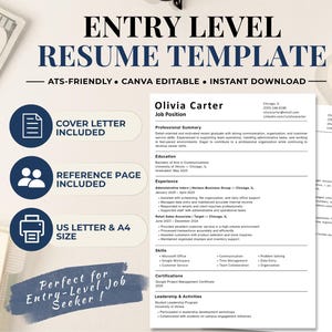 May include: An entry level resume template featuring a clean white layout with black text. The document includes sections for professional summary, education, experience, skills, and certifications. It is labeled as ATS-friendly, Canva editable, and includes a cover letter and reference page in US letter and A4 sizes.