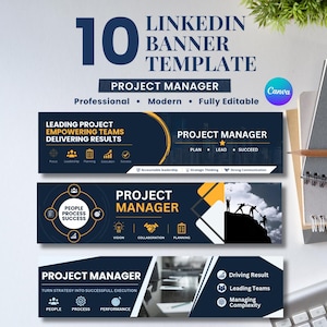 May include: A digital set of 10 LinkedIn banner templates for project managers featuring dark blue and gold color schemes, professional typography, and icons. The text includes Project Manager, Leading Project Empowering Teams, and People Process Success.