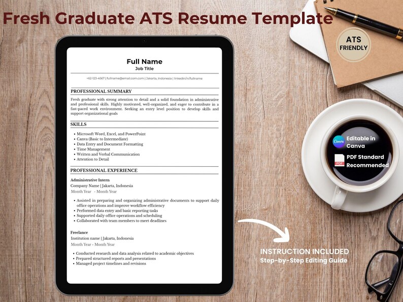ATS Resume Template | Modern Cover Letter, Entry Level (editable Canva ...