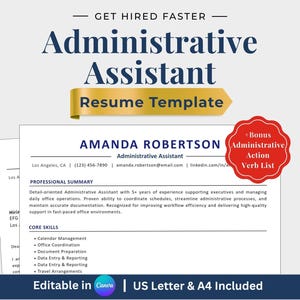 Op de afbeelding: Een cv-sjabloon voor een administratief assistent. Het ontwerp toont de titel "Administrative Assistant" in marineblauw, met de woorden "Resume Template" in een gouden banner. Het cv bevat een professionele samenvatting, kernvaardigheden en contactgegevens.