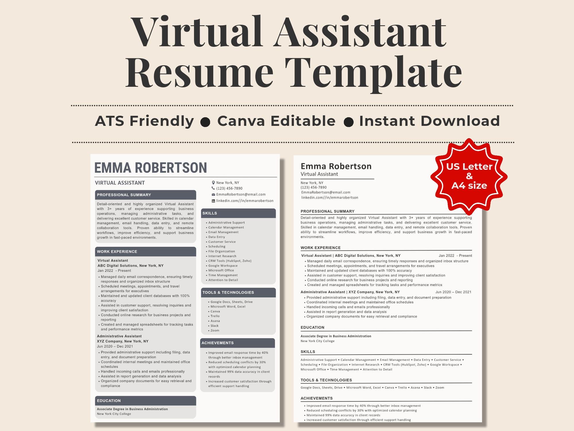 Virtual Assistant Resume Bundle, ATS Modern CV, Cover Letter (digital ...