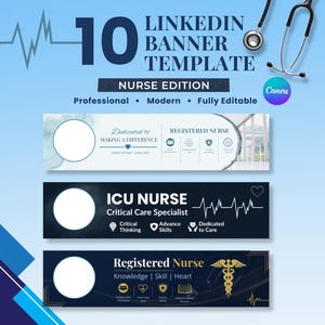 Könnte beinhalten: Eine digitale Sammlung von 10 LinkedIn-Banner-Vorlagen für Pflegekräfte, mit einem Stethoskop, einer Herzfrequenz-Grafik und dem Text 10 LINKEDIN BANNER TEMPLATE NURSE EDITION. Enthält drei verschiedene Designs mit Platzhaltern für Profilfotos.