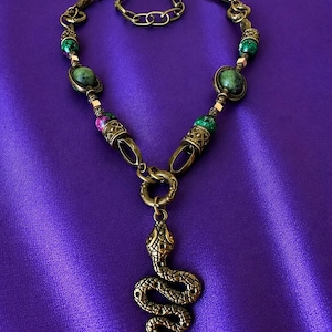 Antique Bronze Snake Pendant Necklace, Natural Jade Zoisite Gemstone Beads