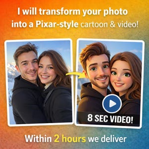 Ritratto personalizzato in stile Pixar da foto + video animato di 8 secondi / Trasforma la foto di famiglia in un cartone animato / Foto personalizzata in regalo animato