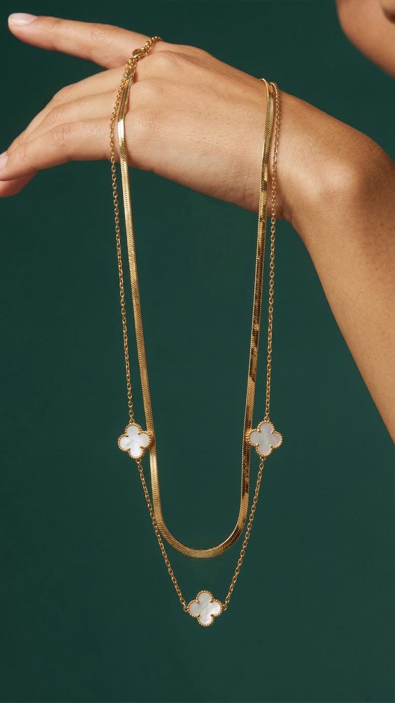 Gold Double Layer Clover Halskette, Minimalist Blumen Kette Schmuck Bild 5