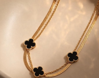 Schwarze Kleeblatt-Halskette, doppelschichtige Goldkette, mehrstrangiger Schmuck, Schmuckschale inklusive