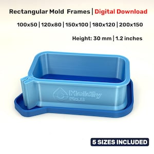 May include: A light blue rectangular mold frame with a matching base. The frame is labeled "Molldliy No.5" and includes the text "5 SIZES INCLUDED". The height is 1.2 inches (30 mm). The image also displays the text "Rectangular Mold Frames | Digital Download" and various size dimensions.