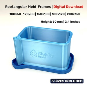 Puede incluir: Un marco de molde rectangular azul claro con una base a juego. El marco tiene el texto "Moldiy No.5" y mide 6 cm de alto. La imagen incluye el texto "Rectangular Mold Frames | Digital Download" y "5 SIZES INCLUDED".