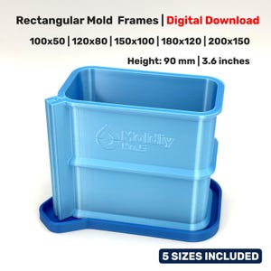 Könnte beinhalten: Ein hellblauer rechteckiger Formrahmen mit dem Text "Rectangular Mold Frames | Digital Download". Der Rahmen ist 9 cm hoch und enthält 5 Größen. Der Markenname "Moldiy No.5" ist auf dem Rahmen sichtbar.