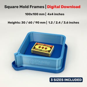 May include: A blue square mold frame with a dark blue interior, holding a matchbox. The frame is labeled "Molidliy No. 5" and includes the text "3 SIZES INCLUDED". The dimensions are 4x4 inches, with heights of 1.2, 2.4, and 3.6 inches.