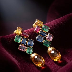 Op de afbeelding: Een paar gouden oorbellen met rechthoekige edelstenen in geel, rood, groen, blauw en roze. Elke oorbel heeft een grote, druppelvormige barnsteenkleurige steen aan de onderkant. Op rode fluwelen achtergrond.