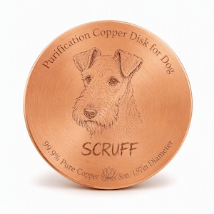 May include: A circular copper disk featuring an engraved portrait of a terrier dog. The text reads Purification Copper Disk for Dog, SCRUFF, 99.9% Pure Copper, and 5cm / 1.97in Diameter, accompanied by a small lotus flower icon at the bottom.