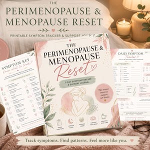 Könnte beinhalten: Ein 24-seitiges druckbares Symptom-Tagebuch mit dem Titel The Perimenopause & Menopause Reset. Das Cover zeigt eine Strichzeichnung einer Person, florale Akzente und Text, darunter Track Symptoms, Improve Sleep, Manage Mood und Support Your Body.