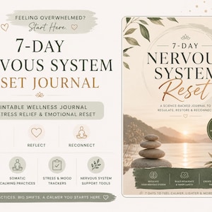 Op de afbeelding: Een wellness journal getiteld "7-Day Nervous System Reset Journal" met tekst en afbeeldingen. De omslag toont een stapel stenen en een serene landschap. Het tijdschrift belooft stressverlichting en emotionele reset.