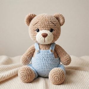 May include: A handmade crochet teddy bear in light brown with a white muzzle and a brown nose. The bear wears light blue overalls with wooden buttons. The bear is sitting on a cream-colored blanket.