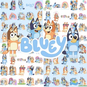 May include: A collection of Bluey character stickers featuring various poses of the blue and red heeler dogs. The central graphic displays the word Bluey in large, light blue, rounded letters, surrounded by numerous smaller stickers on a light background.