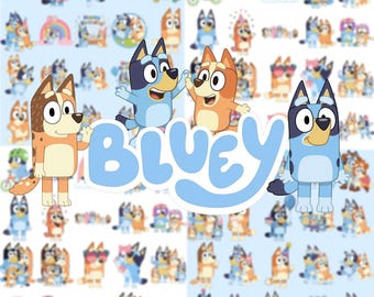 Blue Dog PNG Bundle + BONUS Font, Bluey Dog Bingo Clipart Bundle Set Original Designs for Birthday Day Crafts Coloring Printing