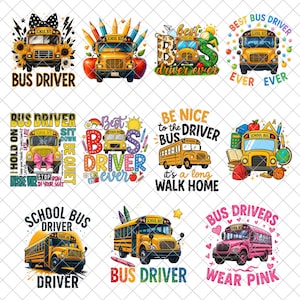Può includere: Una collezione di design colorati a tema autobus scolastico. Ogni design presenta un autobus scolastico giallo con testi come "Bus Driver", "Best Bus Driver Ever" e "Be Nice to the Driver". Alcuni design includono elementi aggiuntivi come matite, mele e cuori.