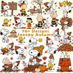 Könnte beinhalten: Eine Sammlung von über 70 Illustrationen der Snoopy- und Peanuts-Figuren mit herbstlichen Motiven. Die Grafiken zeigen Snoopy, Charlie Brown und Woodstock mit orangefarbenen Strickmützen und Schals, umgeben von Kürbissen und fallendem Laub.