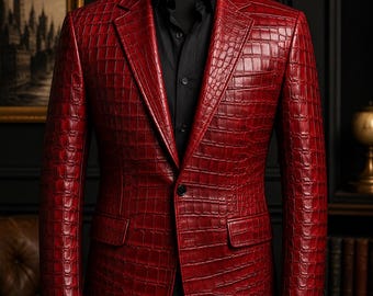 Men's Red Crocodile Leather Blazer Handmade Genuine Leather Luxury Croc Embossed Jacket Formal Slim Fit Sport Coat Gift for Him