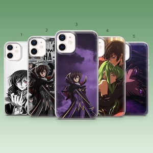May include: Five phone cases with anime character designs. The cases feature illustrations of characters in various poses, with a colour palette including black, purple, and green. The designs are detailed and vibrant, showcasing the anime style.