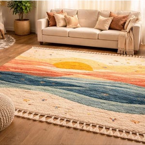 Sunset Ocean Wave Tufted Rug, Boho Abstract Living Room Carpet
