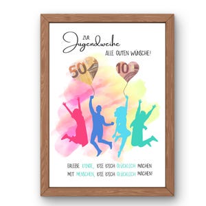 May include: A framed print with the words "Zur Jugendweihe" and "Alle Guten Wünsche!" in black script. The image features colorful silhouettes of people jumping, holding balloons shaped like hearts with the numbers 50 and 10. The bottom text reads "Erlebe Dinge, die dich glücklich machen mit Menschen, die dich glücklich machen!"