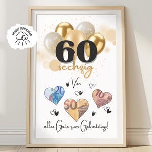 Pengagåva till en 60-årsdag | Önskeuppfyllande födelsedagspresent | Kreativ presentidé, direkt PDF-nedladdning | Poster för en milstolpefödelsedag