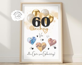 Cash gift for a 60th birthday | Wish-fulfilling birthday gift | Creative gift idea, instant PDF download | Round birthday poster
