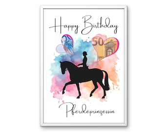 Printable birthday money gift, last-minute birthday gift poster with horse and rider, wish fulfiller, DIY, make-your-own