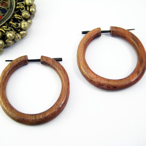 Hoop Post Earring Wood Handmade Tribal Style - Gauges Plugs Bone Horn - PE020M W