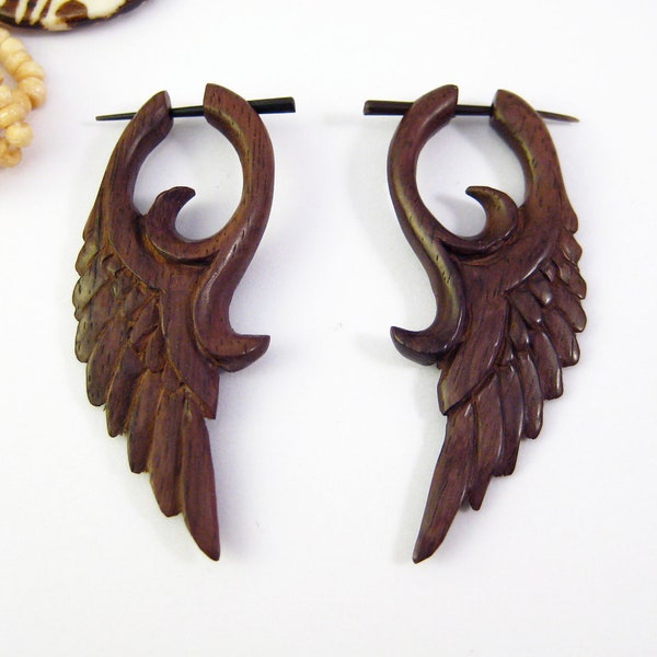 Post Wooden Earrings Wings Black Angel Tribal Wood Earrings  - PE003 W