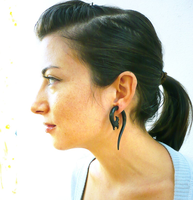 Fake Gauges Earrings Drops Wooden Earrings Black Flower Organic Natural Tribal Earrings Organic FG012 DW