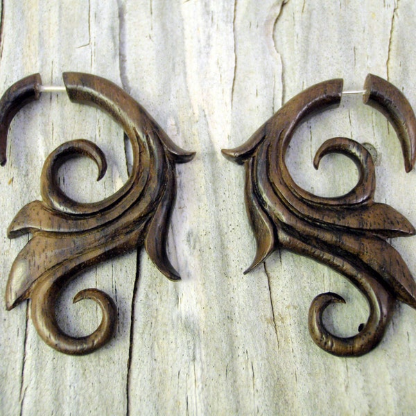 Fake Gauges Wooden Earring Flower Spiral Tribal Earrings -FG005 W
