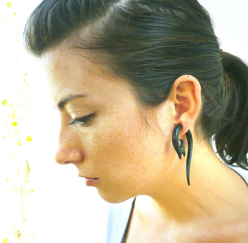 Fake Gauges Earrings Drops Wooden Earrings Black Flower Organic Natural Tribal Earrings Organic FG012 DW