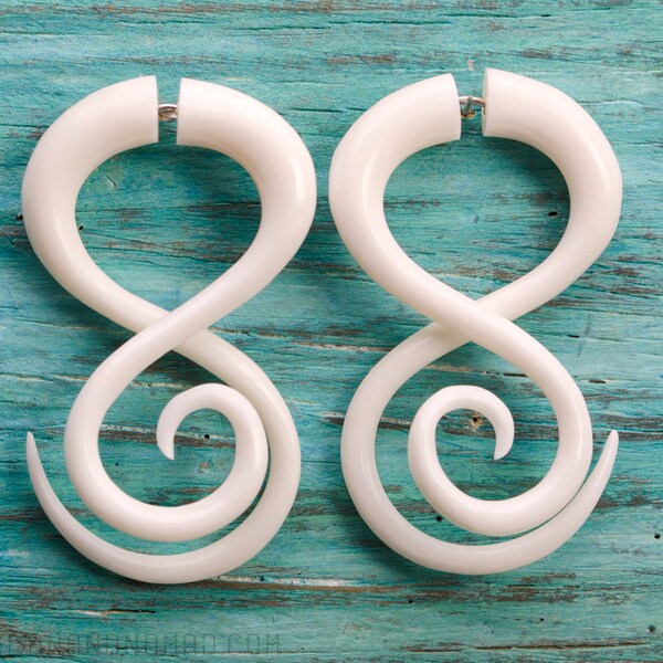 Fake Gauge Earrings White Bone Tribal Double Infinity Spiral Earrings - Gauges Bone - FG037 B