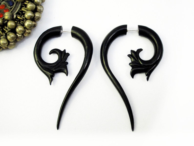 Fake Gauges Earrings Drops Wooden Earrings Black Flower Organic Natural Tribal Earrings Organic FG012 DW